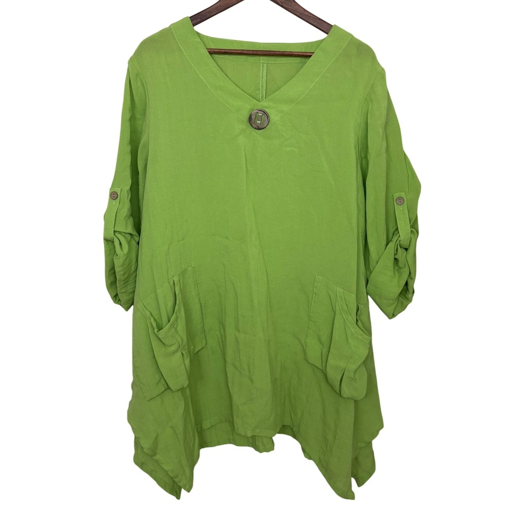 Fridaze Womens Linen Green Top Tunic Lagenlook Size M-XL Oversized Quiet Luxury